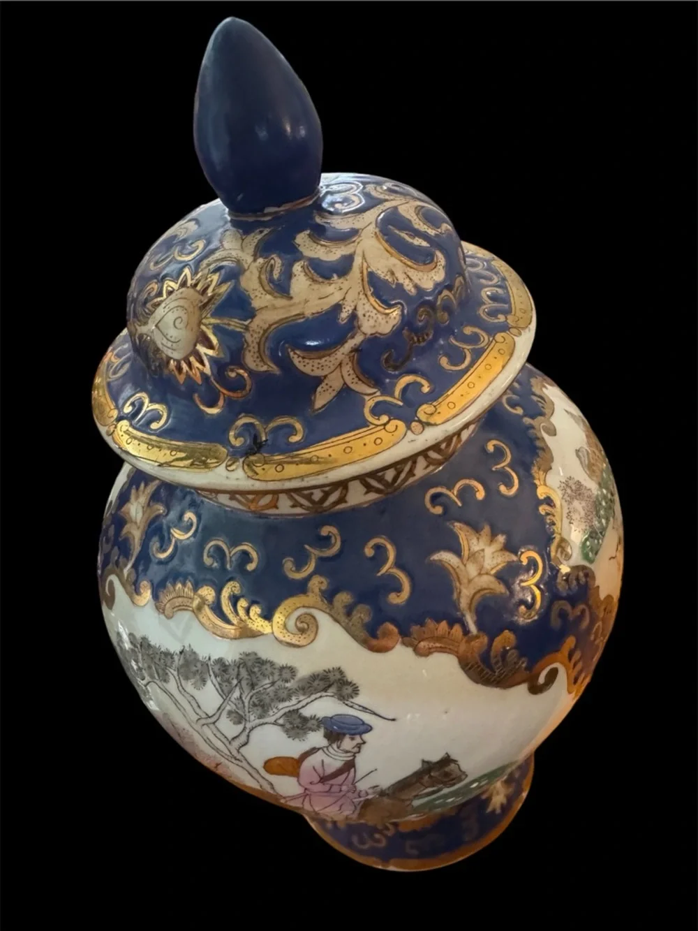 1940’s Blue, Gold & White Porcelain, Vintage WBI Jar with Hand-Painted Scene